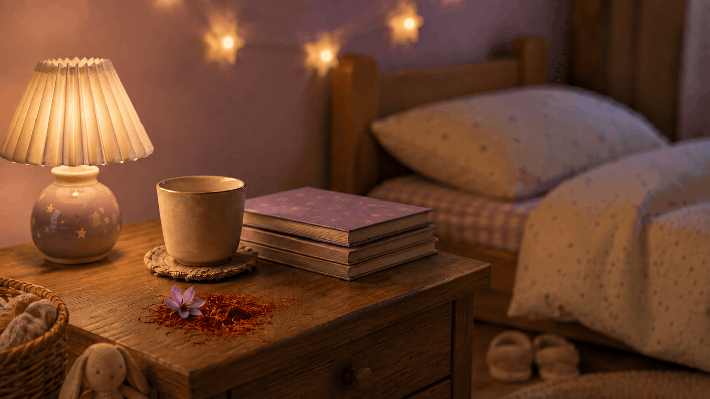 Warm lamplit child’s nightstand at dusk with a small ceramic cup, picture book, and dried saffron threads