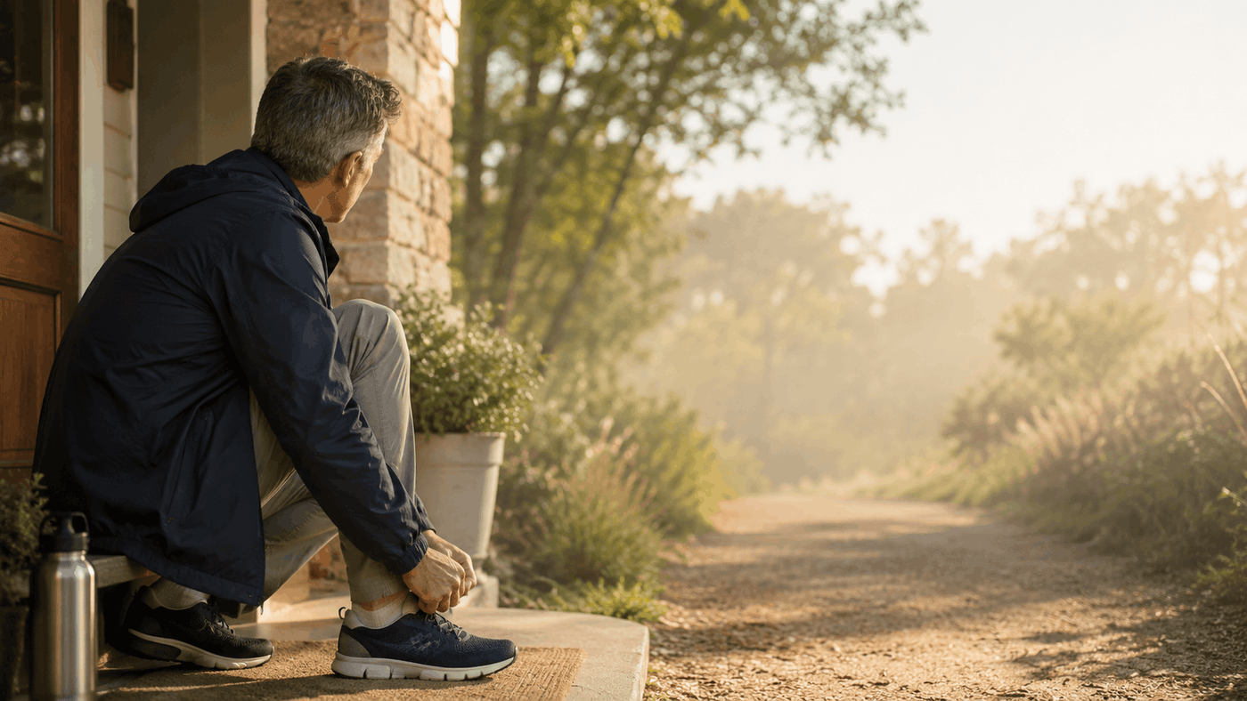 Man preparing for a morning walk on a quiet tree-lined path.