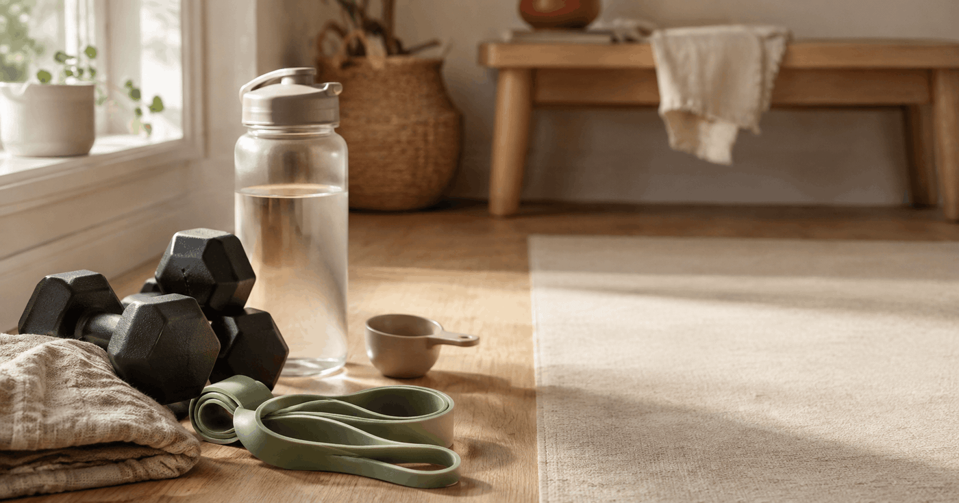 Dumbbells, a resistance band, water glass, and folded towel arranged in a warm sunlit home workout space.