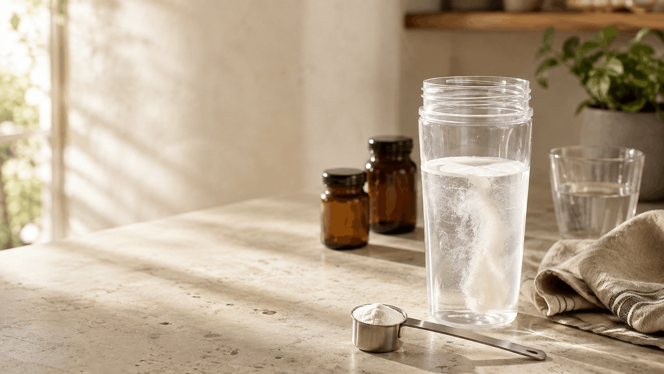 Unbranded shaker with dissolving powder and a scoop on a sunlit kitchen counter.