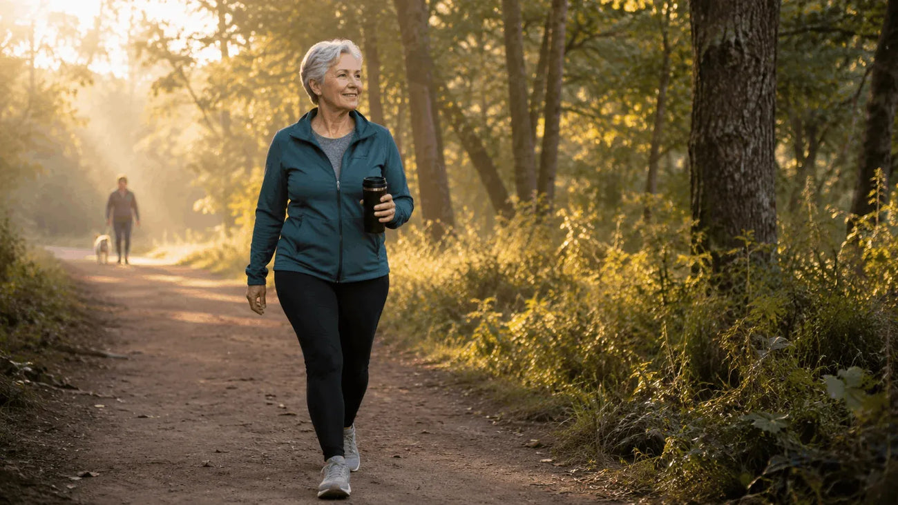 Old lady taking a morning stroll with a cup of coffee on hand
