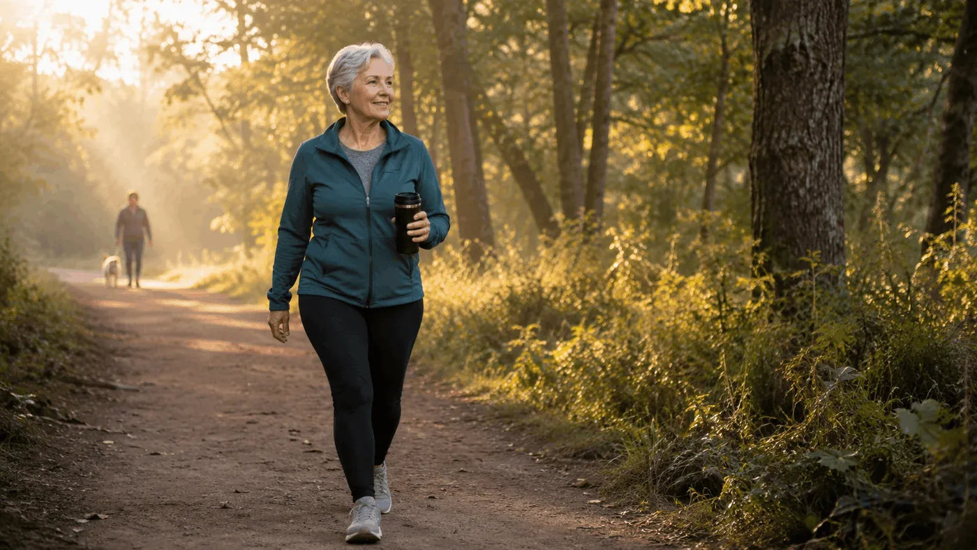 Old lady taking a morning stroll with a cup of coffee on hand