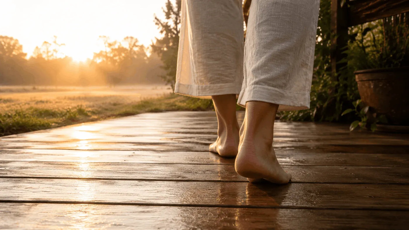 Barefoot woman taking a morning walk