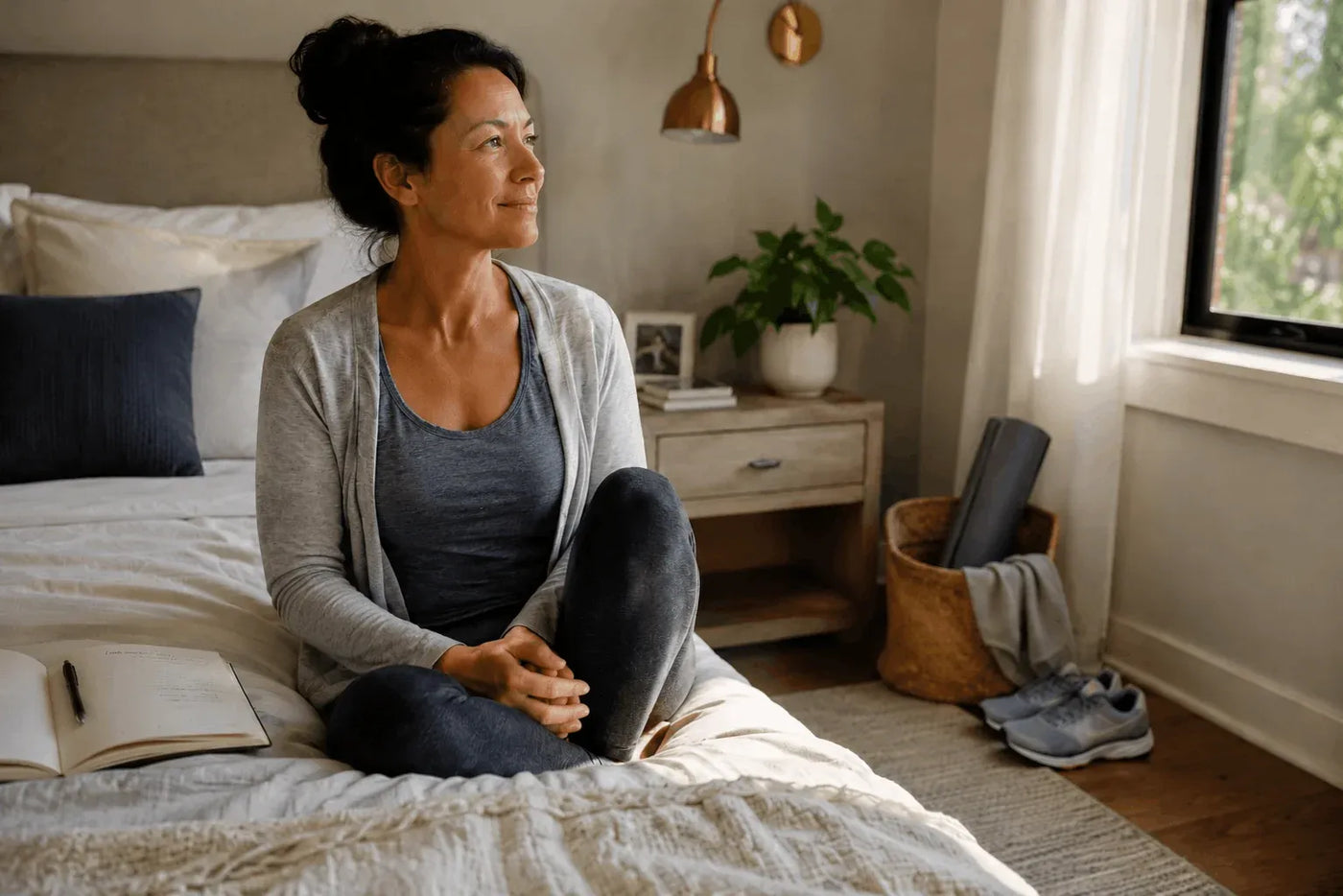 woman in her late 40s sitting relaxed on her bedroom bed with her yoga mat and running shoes on the background