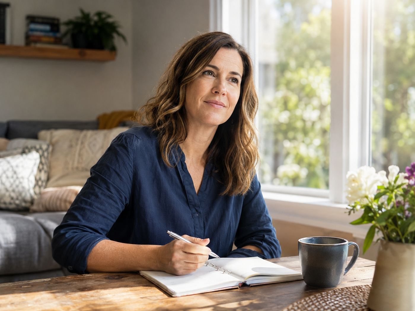 Woman sitting at a sunlit table with an open planner, calm and at ease during her day.