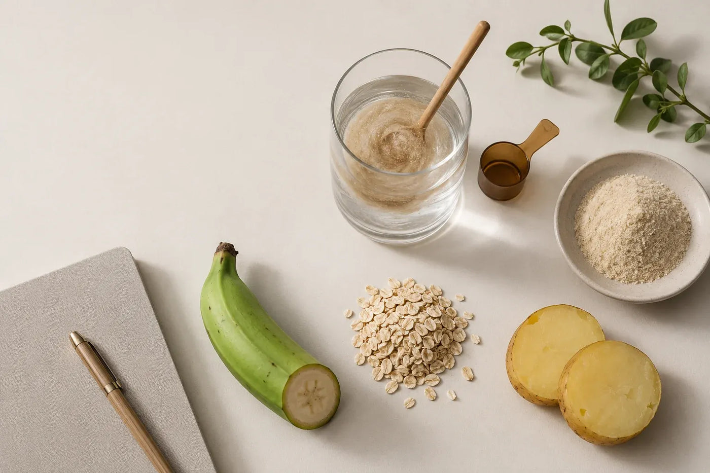 Flat-lay of a fiber supplement stirred into water beside whole-food fiber sources: green plantain, oats, and cooled potato