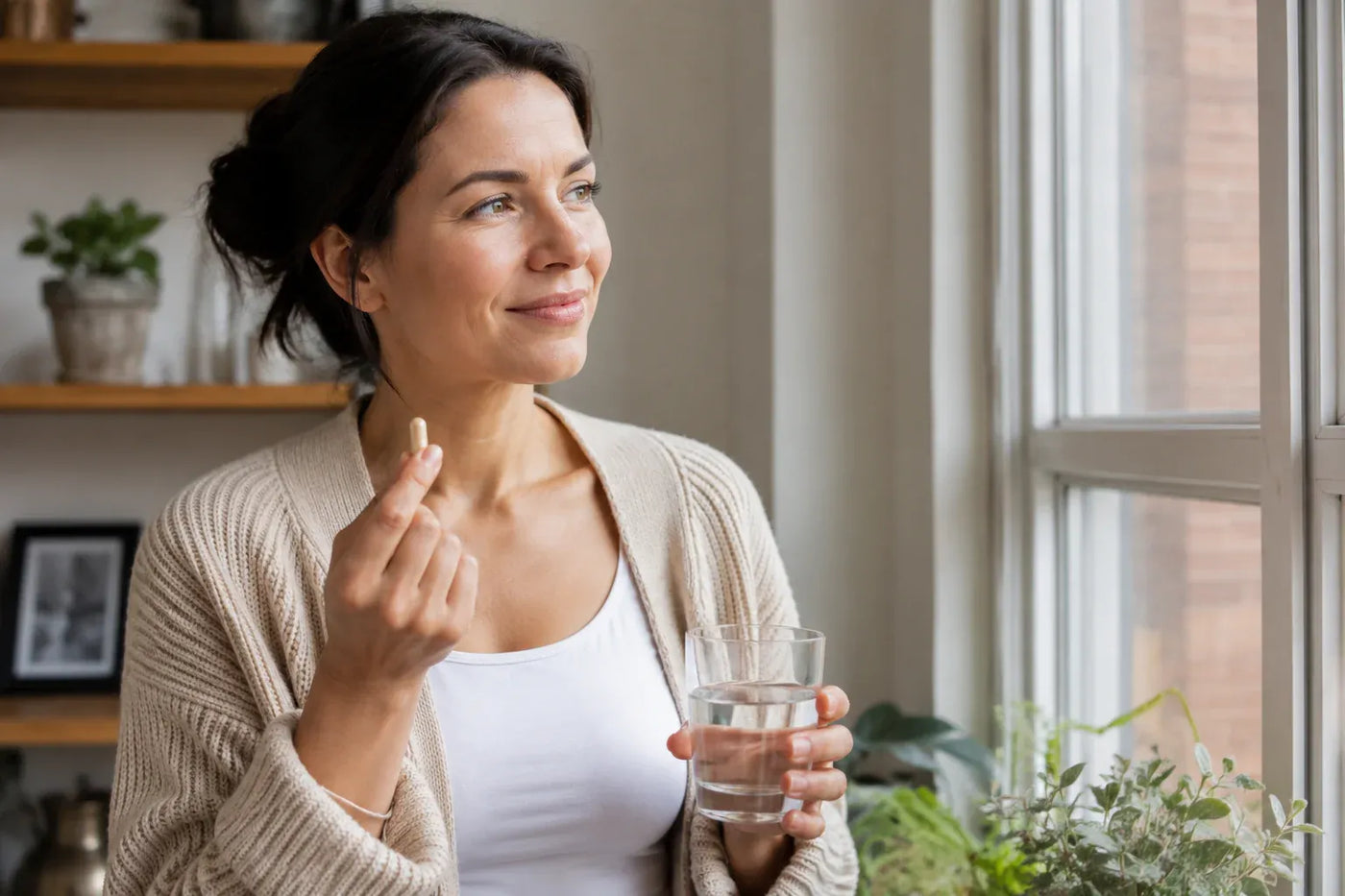 Woman taking Folinic Acid tablet supplement for health and wellness support