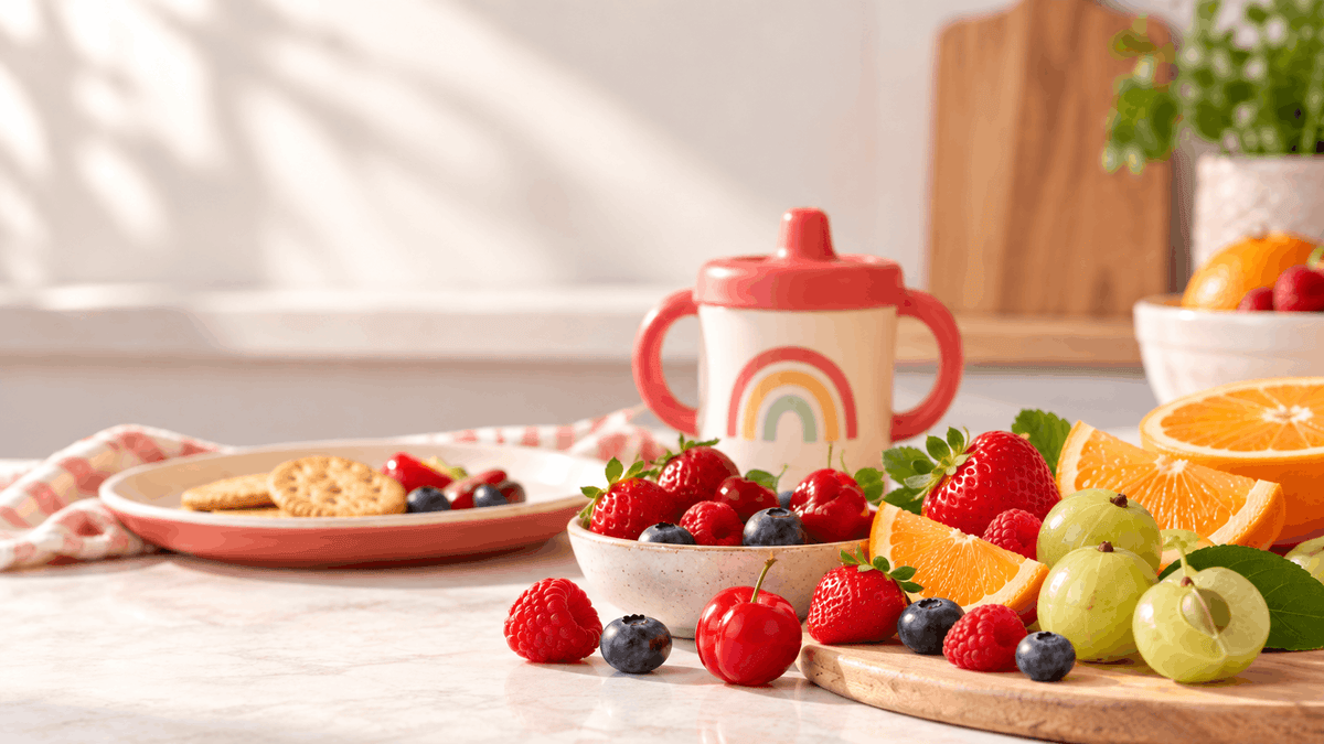 kiddie plate with food beside a baby cup on a sunlit kitchen counter, with whole fresh amla and acerola cherries arranged on the table