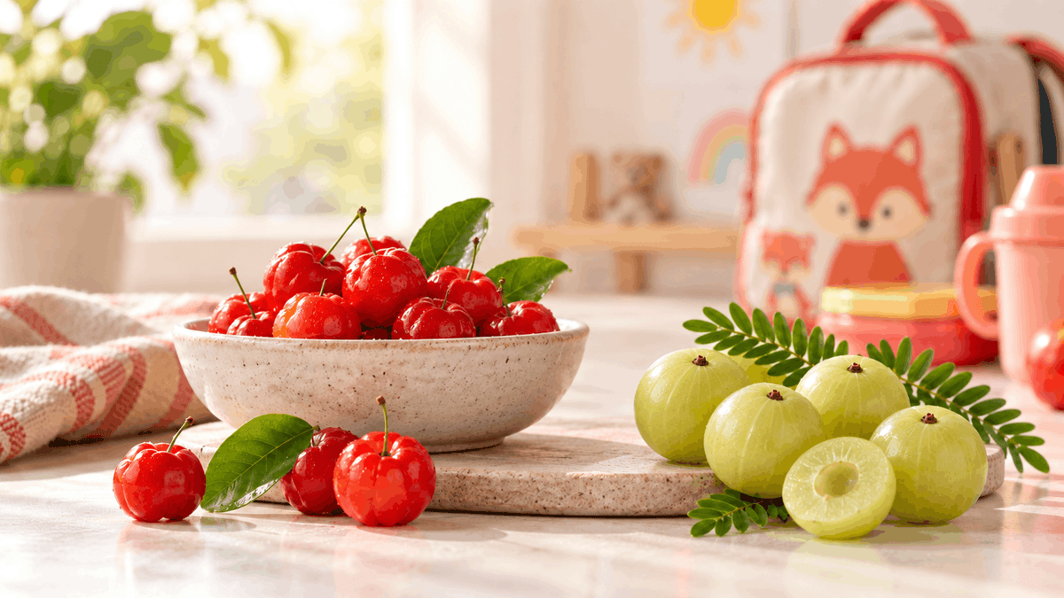 Red acerola cherries and green amla on a sunlit kitchen counter, with a child’s backpack and cup in the background.