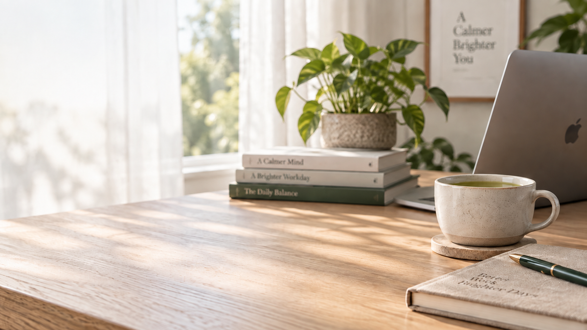  sunlit oak desk beside a notebook and a ceramic cup of green tea