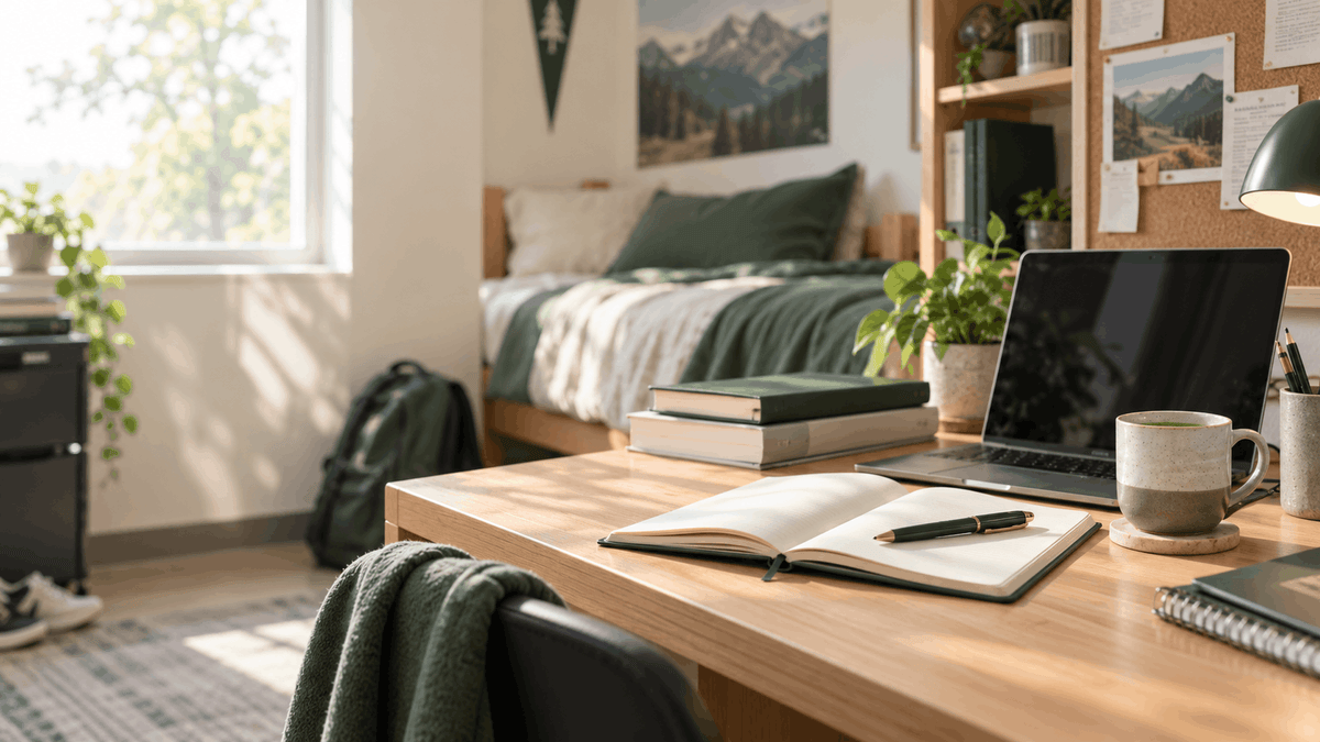 Sunlit college dorm study desk with a laptop, open notebook, textbooks and tea, with a bed and backpack in the background.