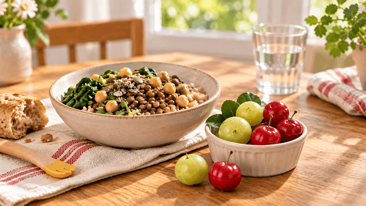 A child's bowl of lentils, spinach and pumpkin seeds on a wooden table beside a small dish of fresh amla and acerola cherries.