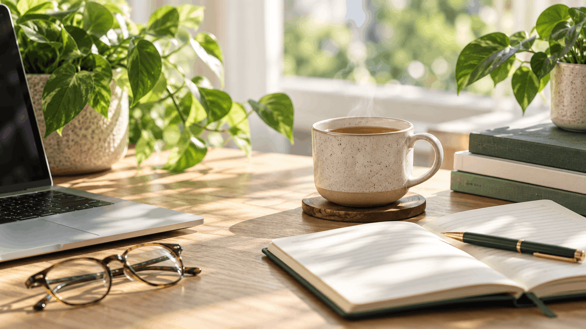 Sunlit wooden desk with a cup of tea, an open notebook, a laptop, reading glasses, books, and leafy green plants.