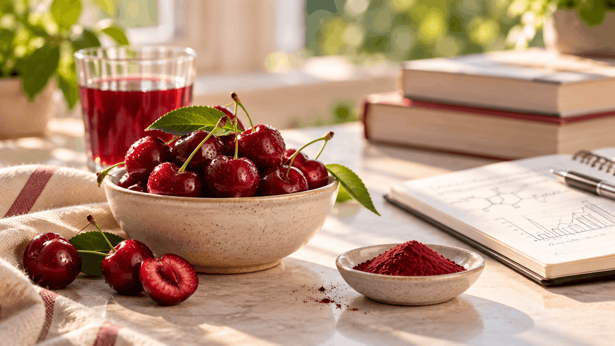 Tart cherries, cherry juice, and tart cherry extract powder arranged beside research notes on a sunlit tabletop.