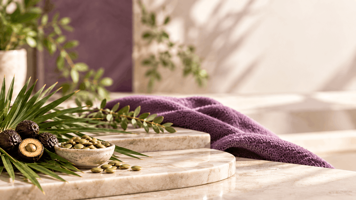 A ceramic bowl of pumpkin seeds beside dark berries and palm leaves on sunlit cream stone, with a plum-purple cloth.