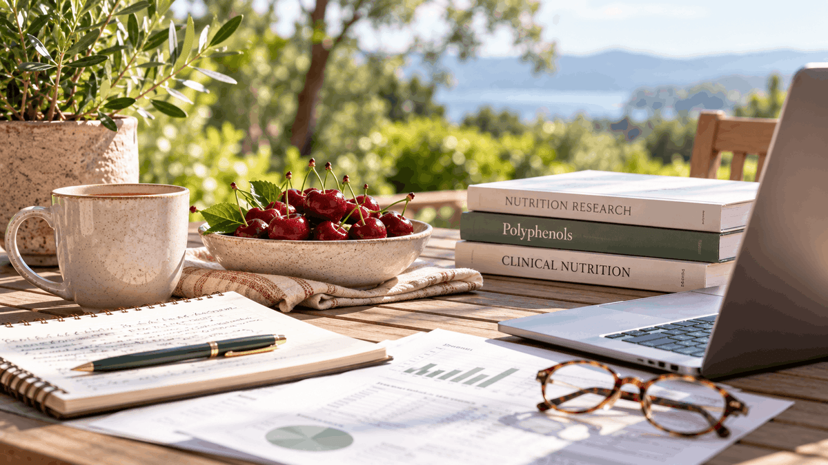 Sunlit outdoor workspace with research papers, books, laptop, glasses, coffee, and fresh tart cherries arranged on a wooden patio table.