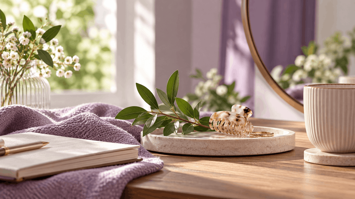 Sunlit vanity scene with lavender fabric, a hair clip, botanical greenery, journal, mirror, and ceramic cup in soft purple and cream tones.