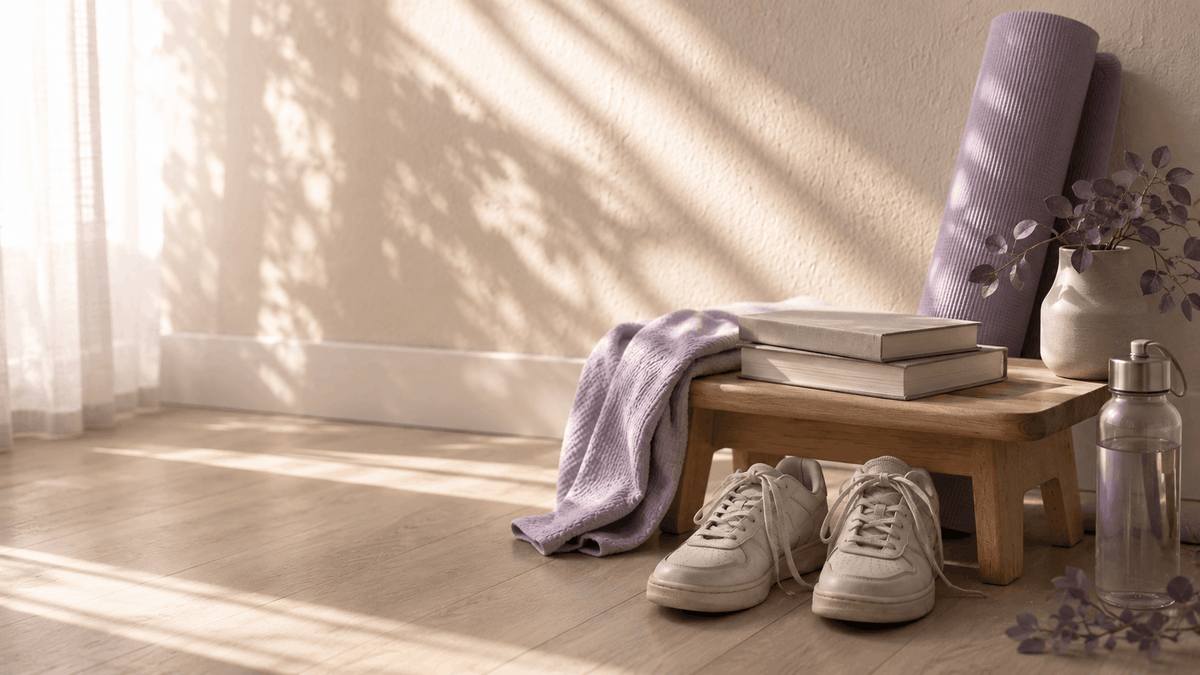 A rolled cork mat leans against a pale wall, worn white sneakers beside it with laces loose, and a low wooden stool on a stack of two books. Sheer curtain at the window, and a long diagonal of early sun raking across bare floorboards toward the camera.