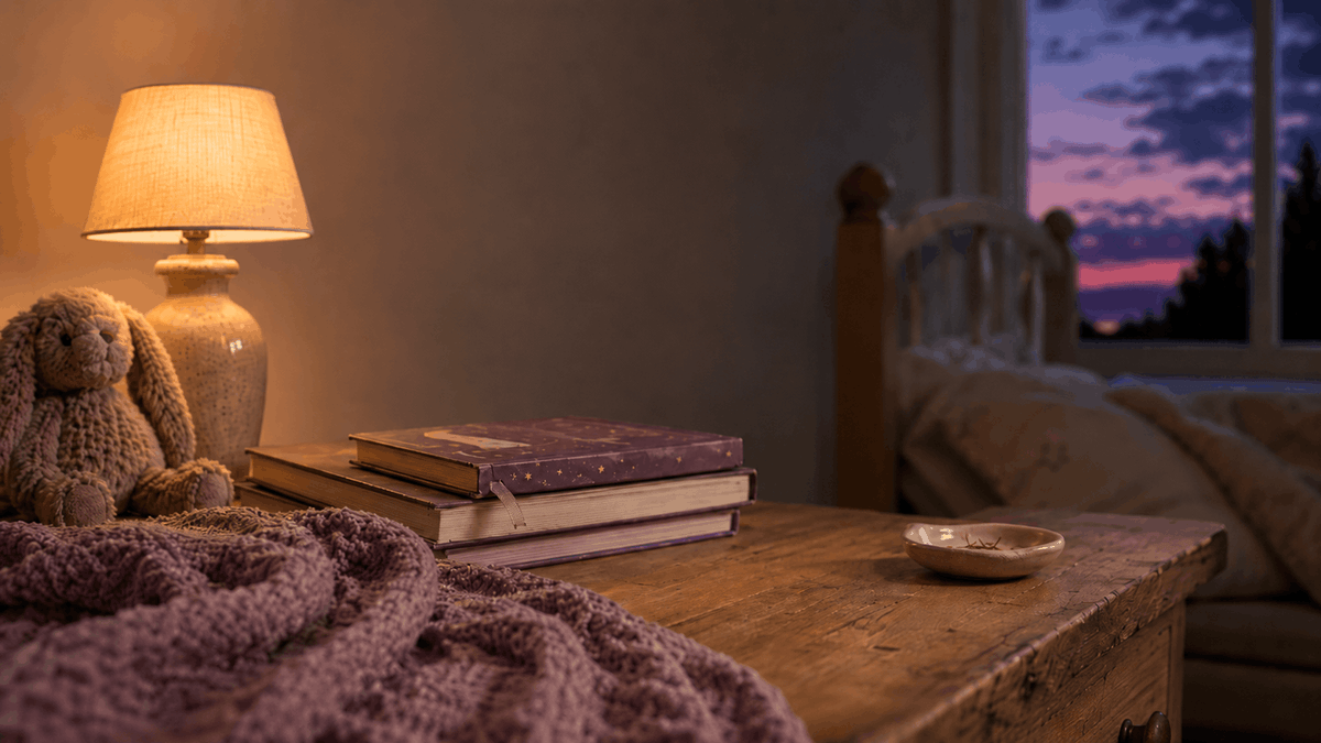 nightstand with picture books and a knit blanket at dusk