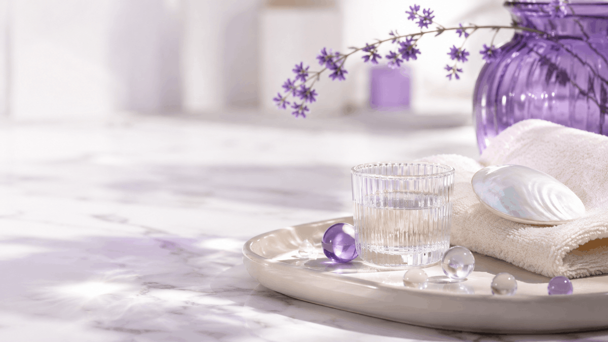 Lavender-toned still life with a glass of water, folded towel, pearly shell, and translucent beads.