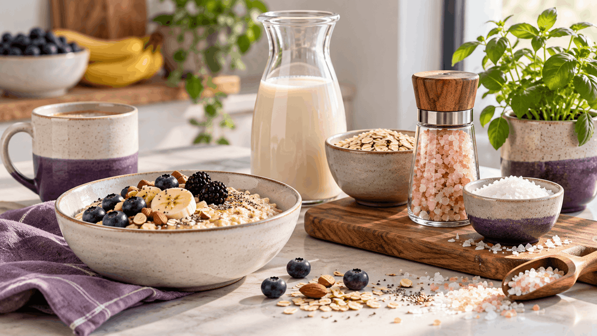 Oatmeal with berries and banana beside oat milk, a pink salt grinder, and flaky salt on a sunlit kitchen counter with cream and purple ceramics.