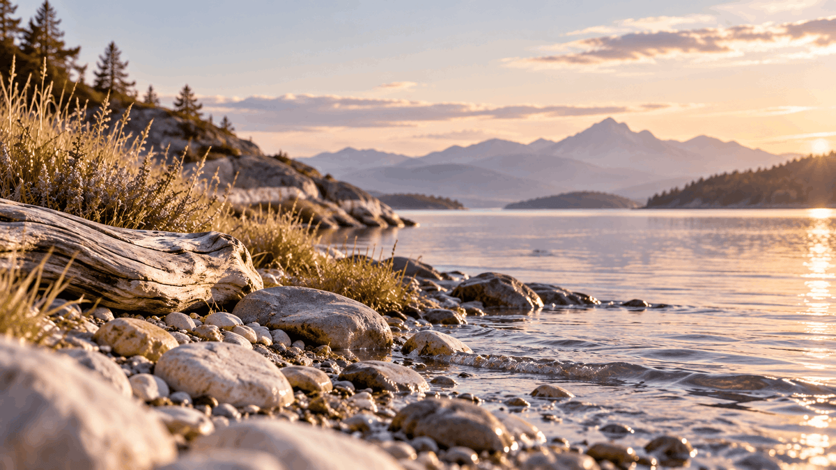 Weathered driftwood, rounded stones, and purple wildflowers along a calm lakeshore, with distant mountains in warm golden light.