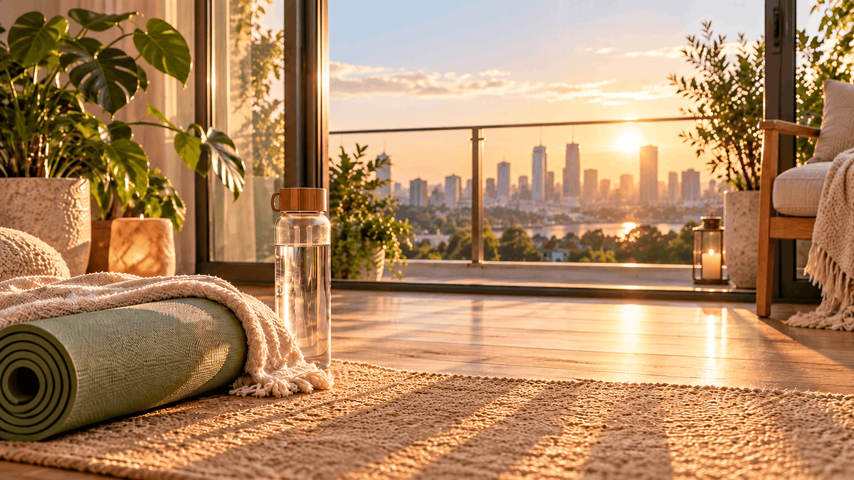 Rolled yoga mat, water bottle, and soft blanket in a sunlit home wellness corner beside an open balcony overlooking the city skyline.