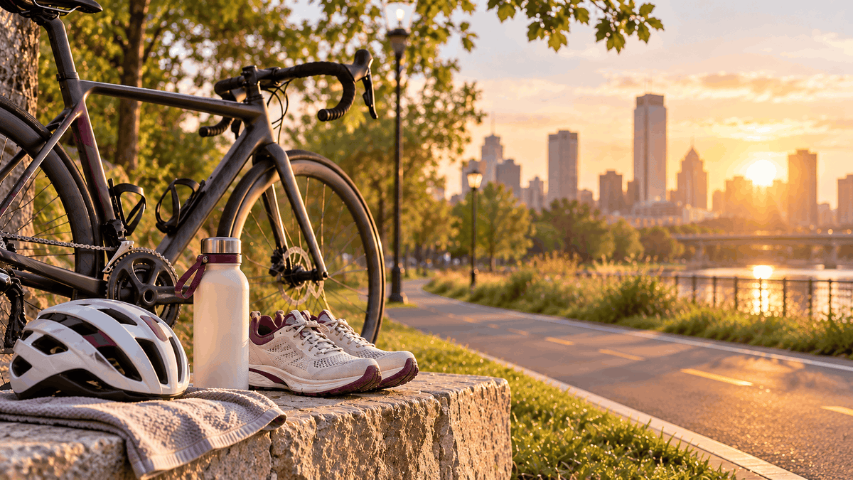 Road bike, helmet, running shoes, water bottle, and towel beside a tree-lined urban park bike trail, with a river and city skyline at sunrise.