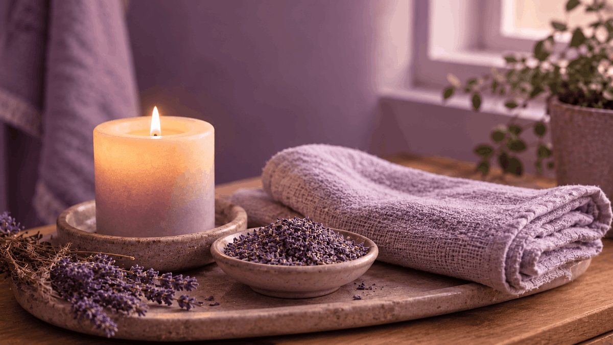 A lit candle, folded linen towel, and dried lavender on a stone tray in soft evening light