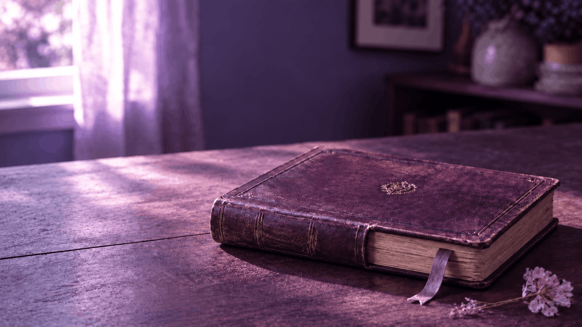 A closed vintage leather photo album with a ribbon bookmark resting on a warm wooden table