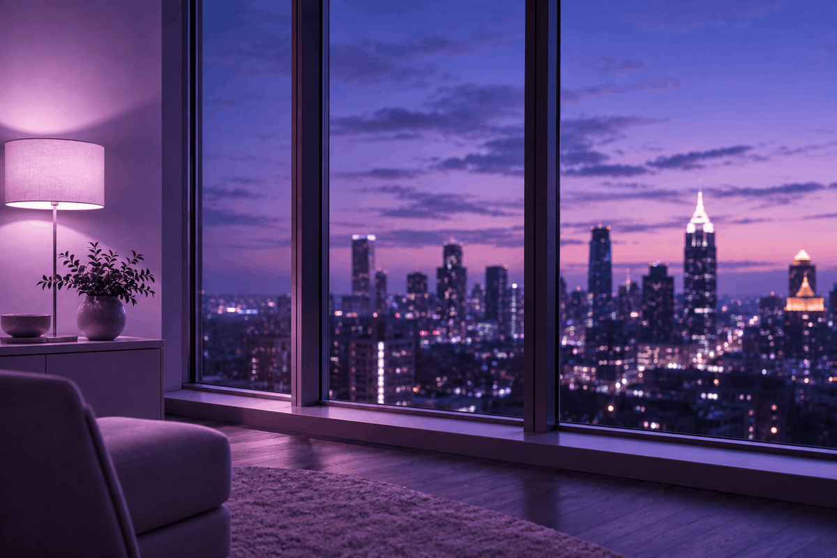 A warmly lit interior window overlooking a soft city skyline at lavender hour