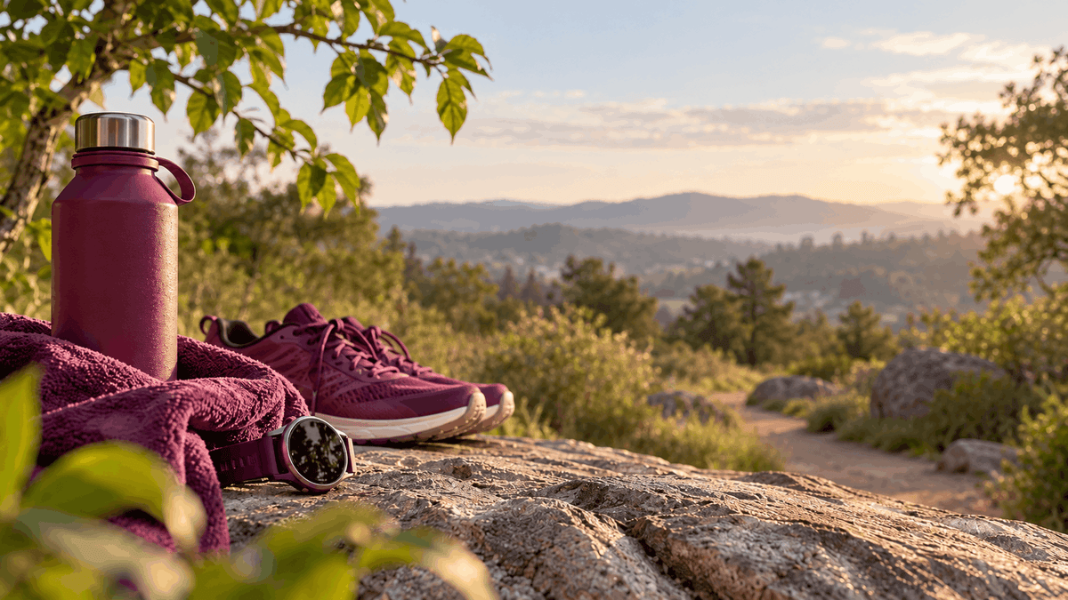 Plum-colored water bottle, towel, running shoes, and fitness watch on a rock beside a sunlit trail overlooking wooded hills.