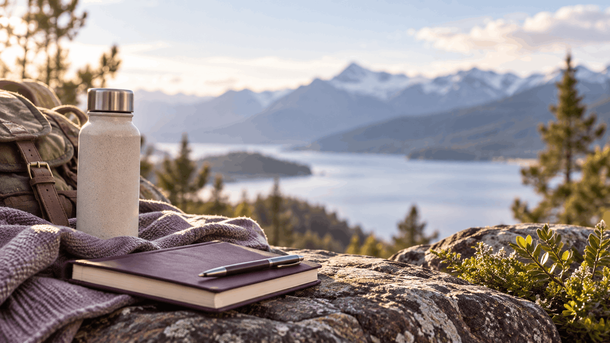 Plum notebook, cream water bottle, and hiking backpack on a rocky ledge overlooking a calm lake and snowcapped mountains.
