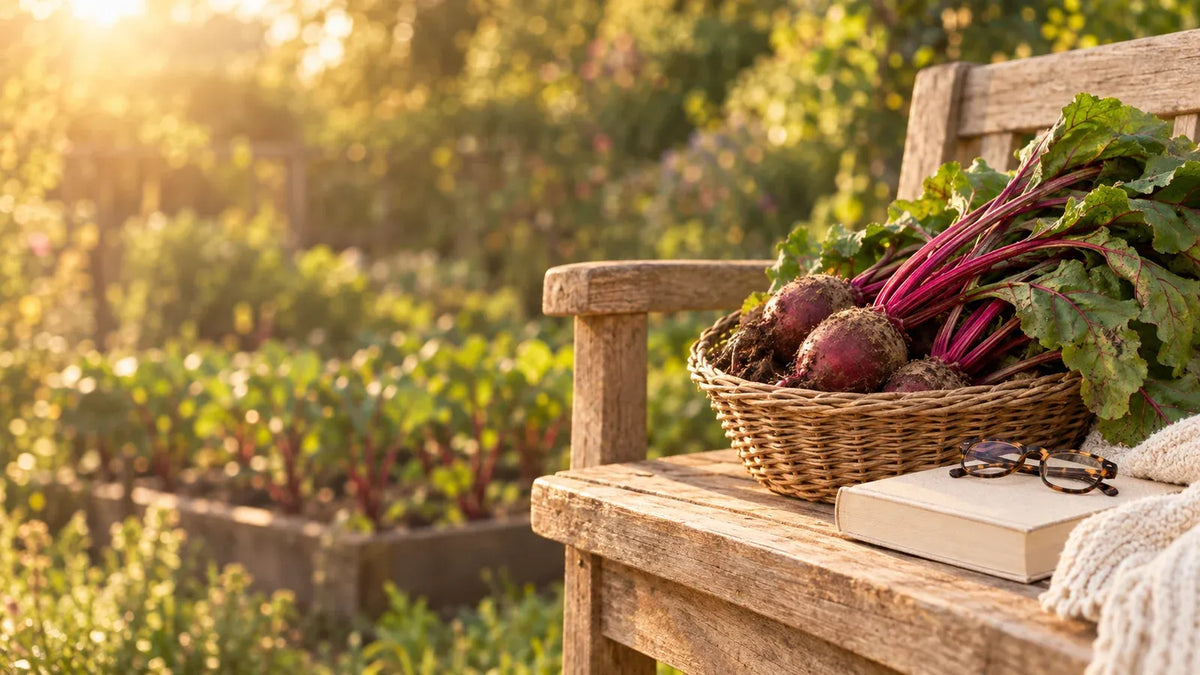 Freshly harvested beetroots with crimson stems in a wicker basket on a wooden garden bench beside a book and reading glasses at sunrise