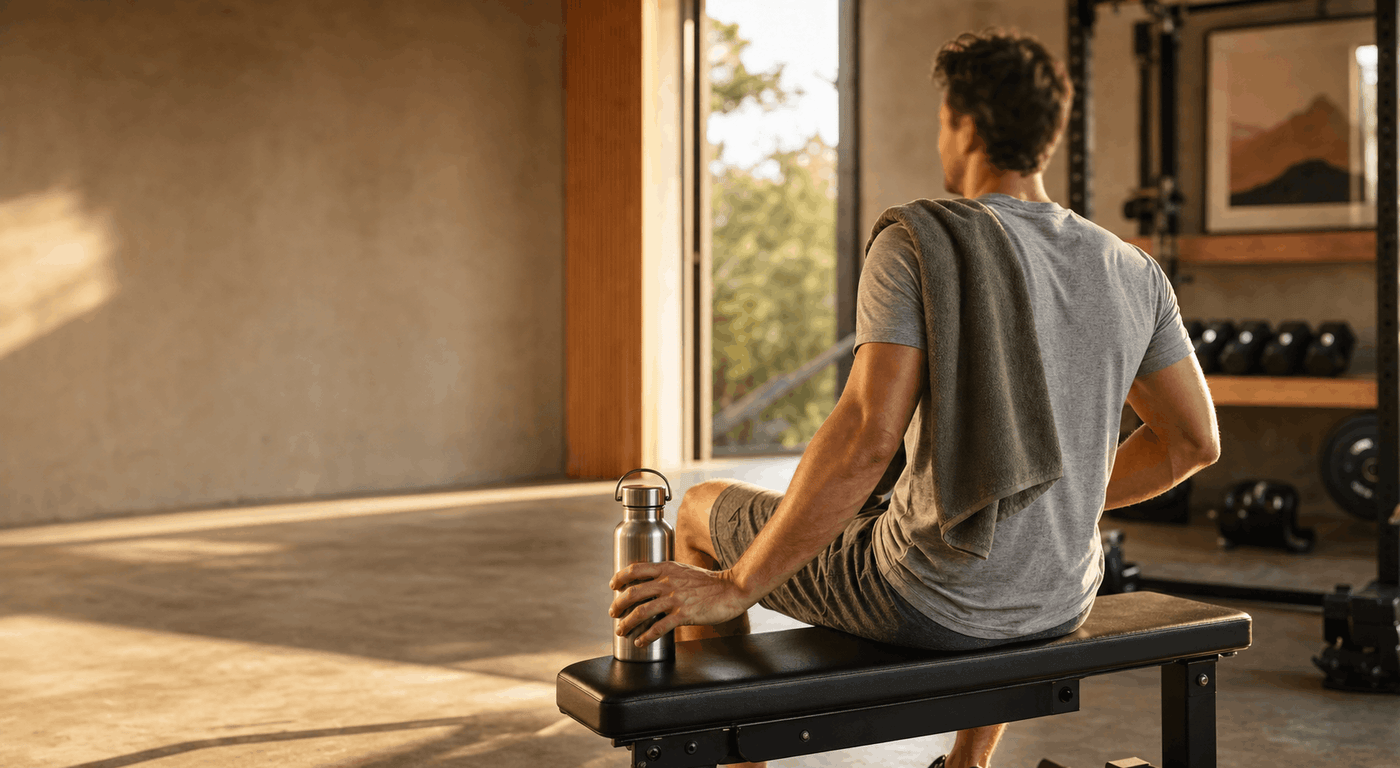 Athlete resting on a gym bench in a warm natural light after training, staying consitent with post-workout recovery