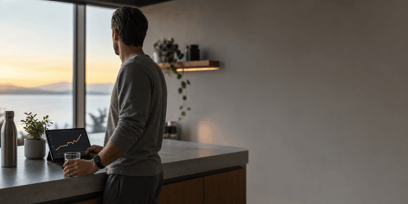 Person reviewinf morning progress data at a quiet kitchen counter during a fasting-compatible routine, staying consistent with a daily optimization protocol