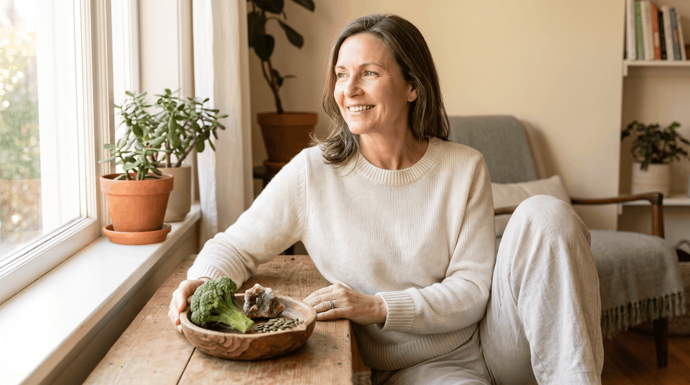oman in midlife relaxing at home with natural menopause-support ingredients, broccoli, seeds, and mineral