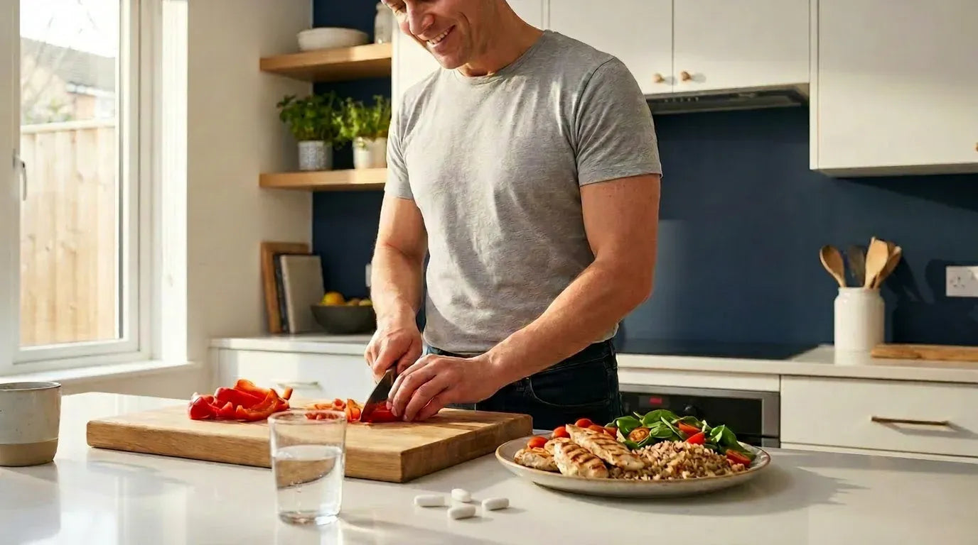 Fit adult preparing a balanced meal of grilled chicken and vegetables with EAA tablets and water on the counter