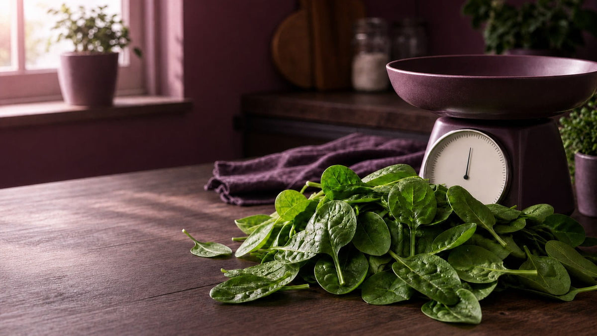 Fresh spinach leaves on a warm wooden counter beside a simple domestic kitchen scale, in soft morning window light.