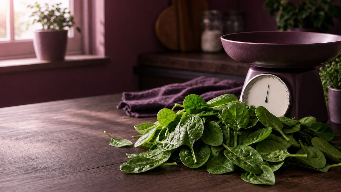 Fresh spinach leaves on a warm wooden counter beside a simple domestic kitchen scale, in soft morning window light.