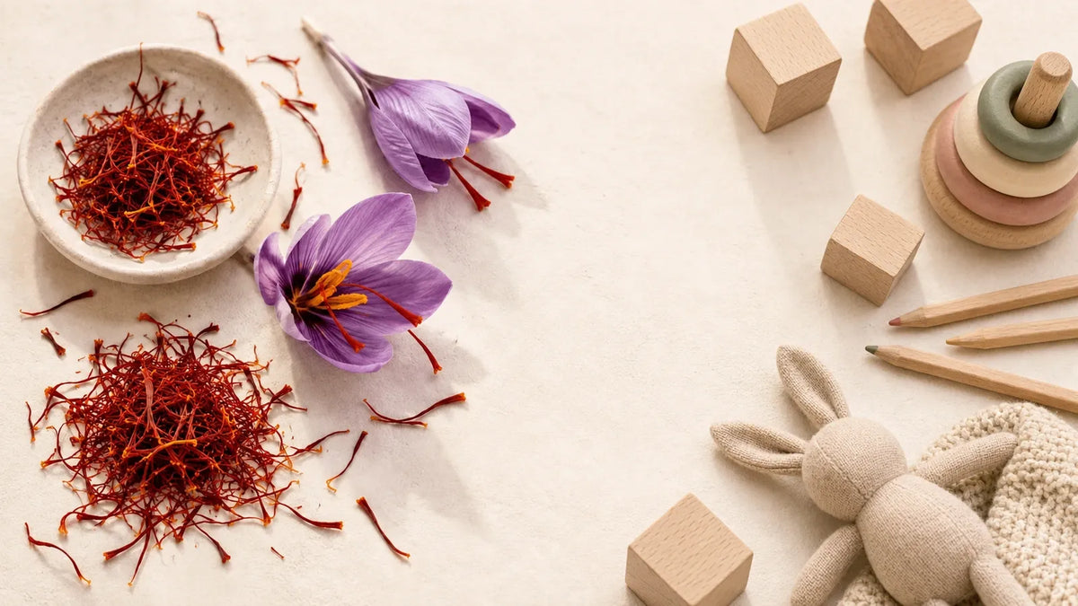 Saffron threads in a ceramic bowl beside purple Crocus sativus flowers, with wooden toy blocks, colored pencils and a linen plush bunny.