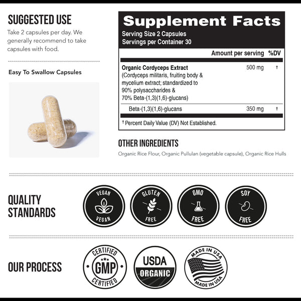 MycoMax Cordyceps Mushroom Extract Capsules - 70% Beta Glucans