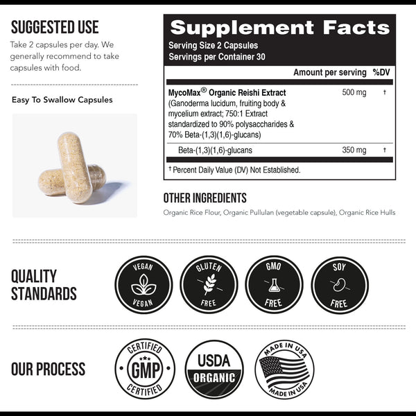 MycoMax Reishi Mushroom Extract Capsules - 70% Beta Glucans