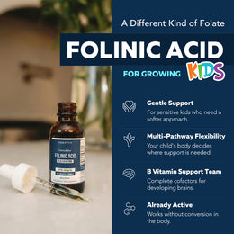 FolinicActive Kids folinic acid bottle with gentle support, multi-pathway flexibility, and B-vitamin team callouts