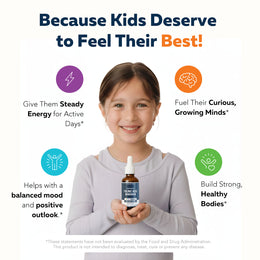 Child holding FolinicActive Kids bottle with icons for energy, mood, growth, and developing brains