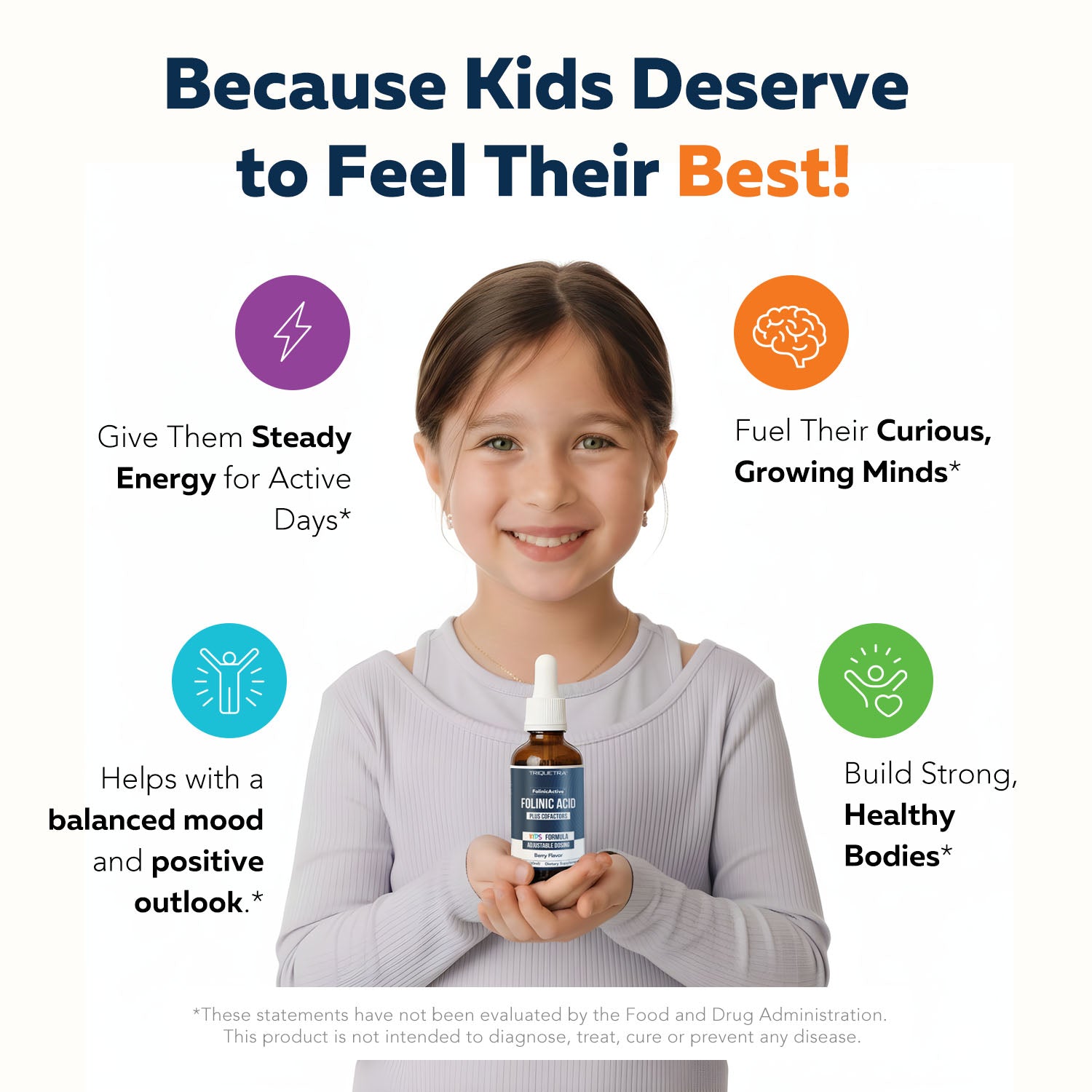 Child holding FolinicActive Kids bottle with icons for energy, mood, growth, and developing brains