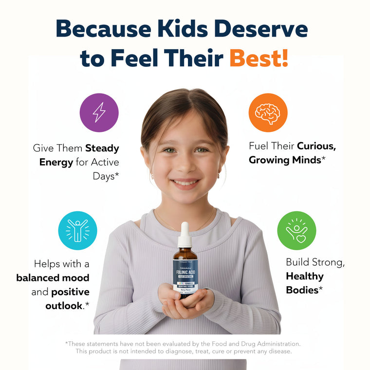 Child holding FolinicActive Kids bottle with icons for energy, mood, growth, and developing brains