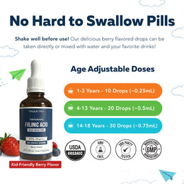 FolinicActive Kids age-specific dosing guide — 10 drops ages 1-3, 20 drops ages 4-13, 30 drops 14-18
