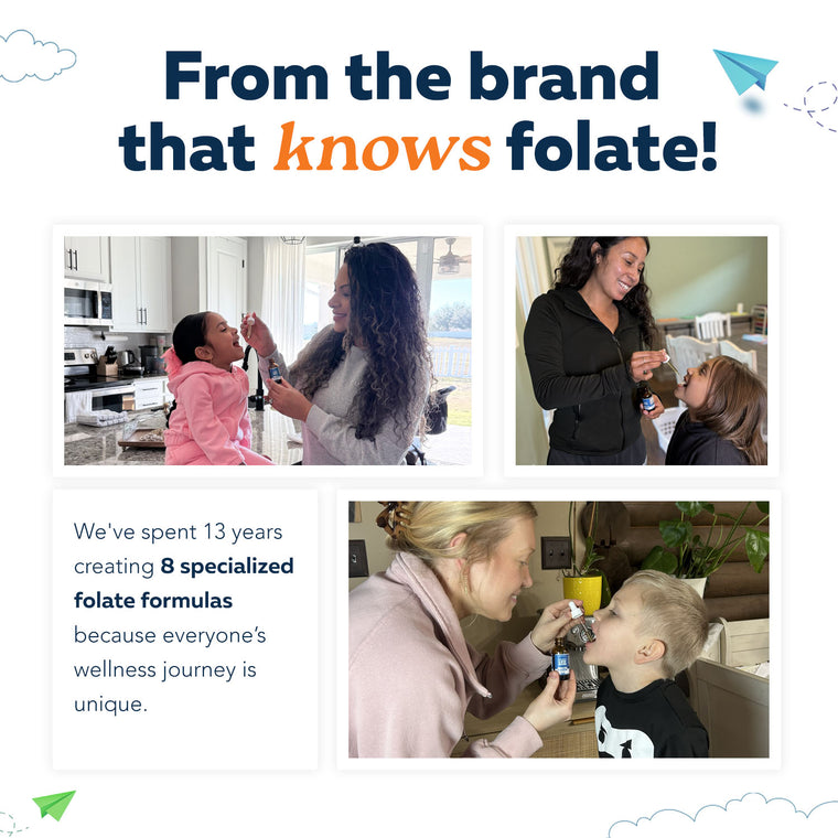 Parents giving Triquetra FolinicActive Kids drops to children at home in kitchen and living room settings