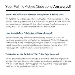 FolinicActive Kids FAQ section showing questions about methylfolate, results timeline, and supplement compatibility